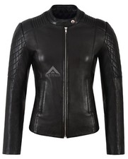 Ladies Real Leather Biker Jacket Diamond Shape Quilted Sleeves Black Fitted 9565