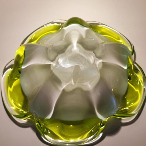 Murano Glas schwere Sommerso Schale Vase CENEDESE opakweiss zitronengelb klar - Bild 3 von 7