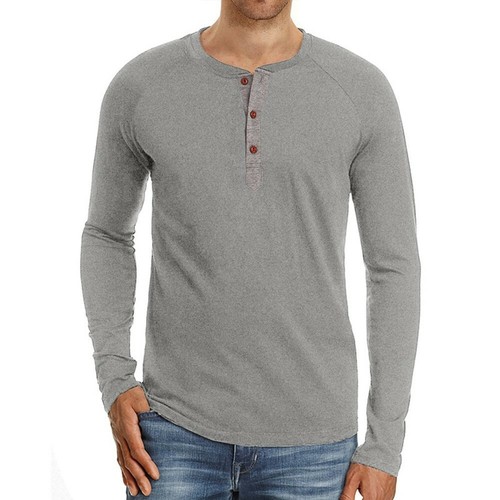 Mens Casual Grandad Collar Long Sleeve Henley T-shirts Button Loose Shirt Plain - Picture 18 of 18