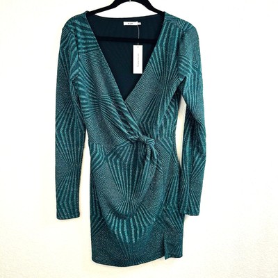 Mi Ami Francesca s Women's Green Long Sleeve Coral V-Neck Mini Dress Size Medium