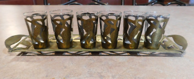 Brass Overlay Glass 6 Shot Glasses on Tray