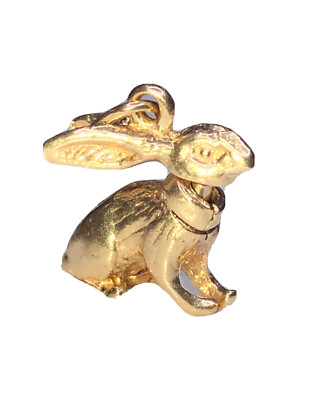 14k massiver Gelbgold 3D Hase Anhänger mit großer Schlaufe & beweglichem Kopf