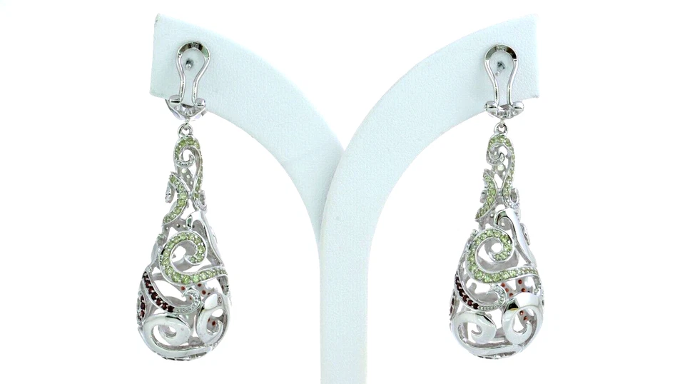 925 Sterling Silver Dangle Hoop Earrings Green Peridot Red Garnet Rhodium Plated - Image 2 of 4