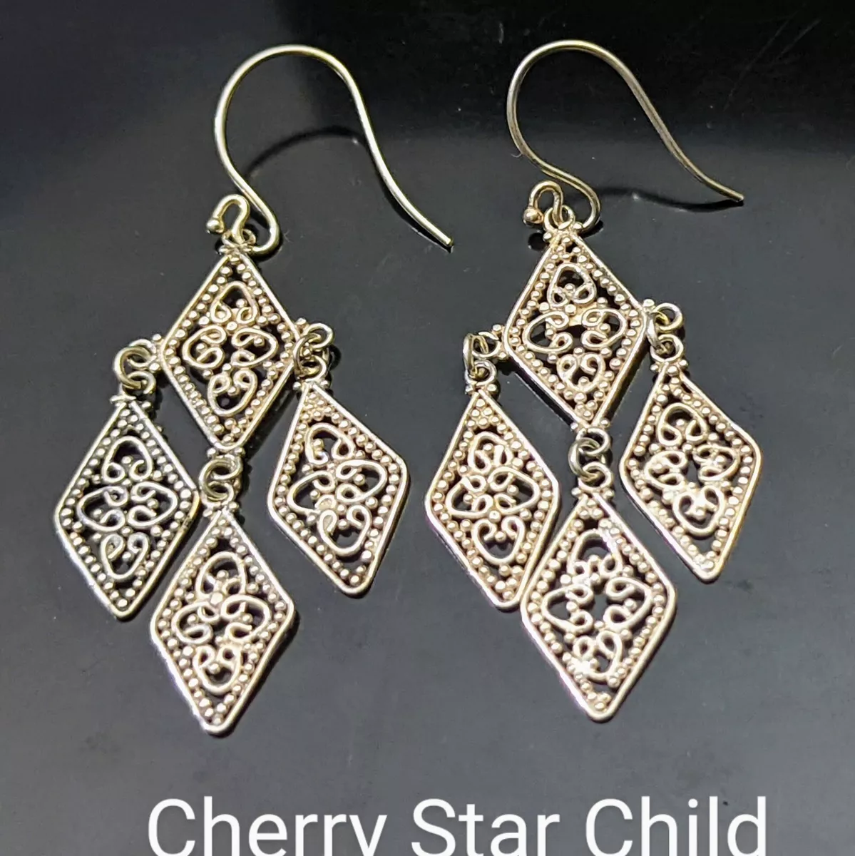 Sterling 925 silver fine filigree diamond dangle drop earrings eBay