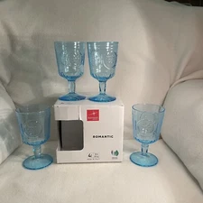 Bormioli Rocco Romantic Blue Stemware Glass Goblet Embossed Pattern Set 4 NOB