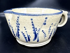 Art Pottery Batter Mixing Bowl 7.5" Signed Spout Handle Hand Thrown Blue Flowers