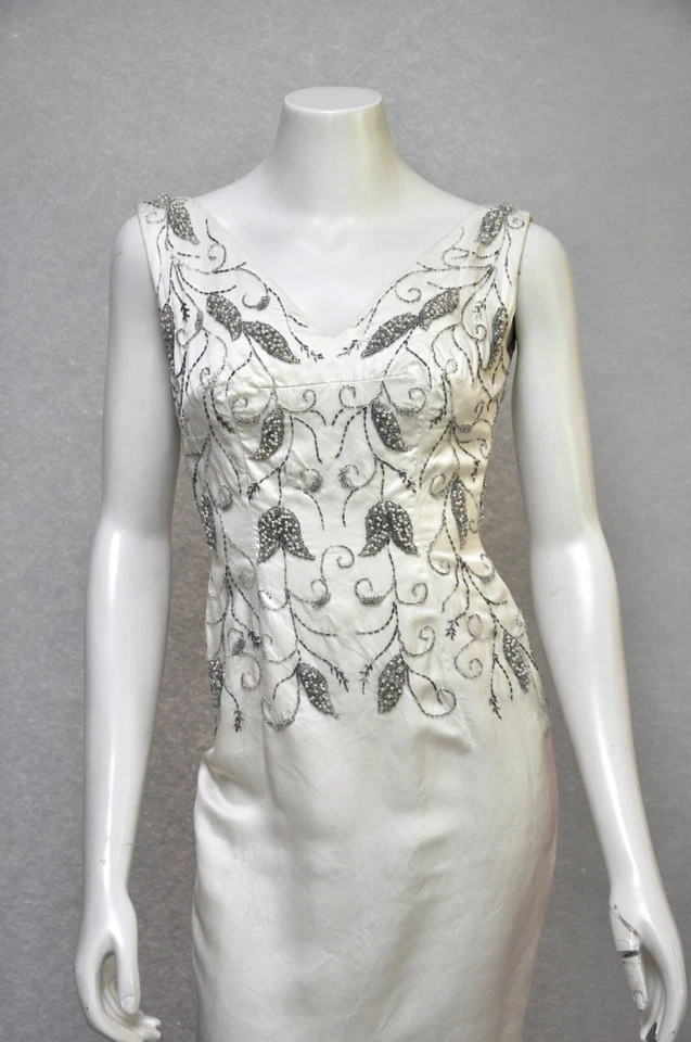 Vintage 1950s Ivory Cream Silk Beaded Sleeveless Wedding Formal Party Dress XS - Image 2 of 4