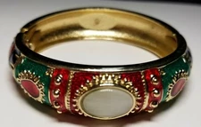 FABULOUS BRIGHT ENAMEL BANGLE BRACELET RED/GREEN/BLUE W FAUX MOONSTONE 