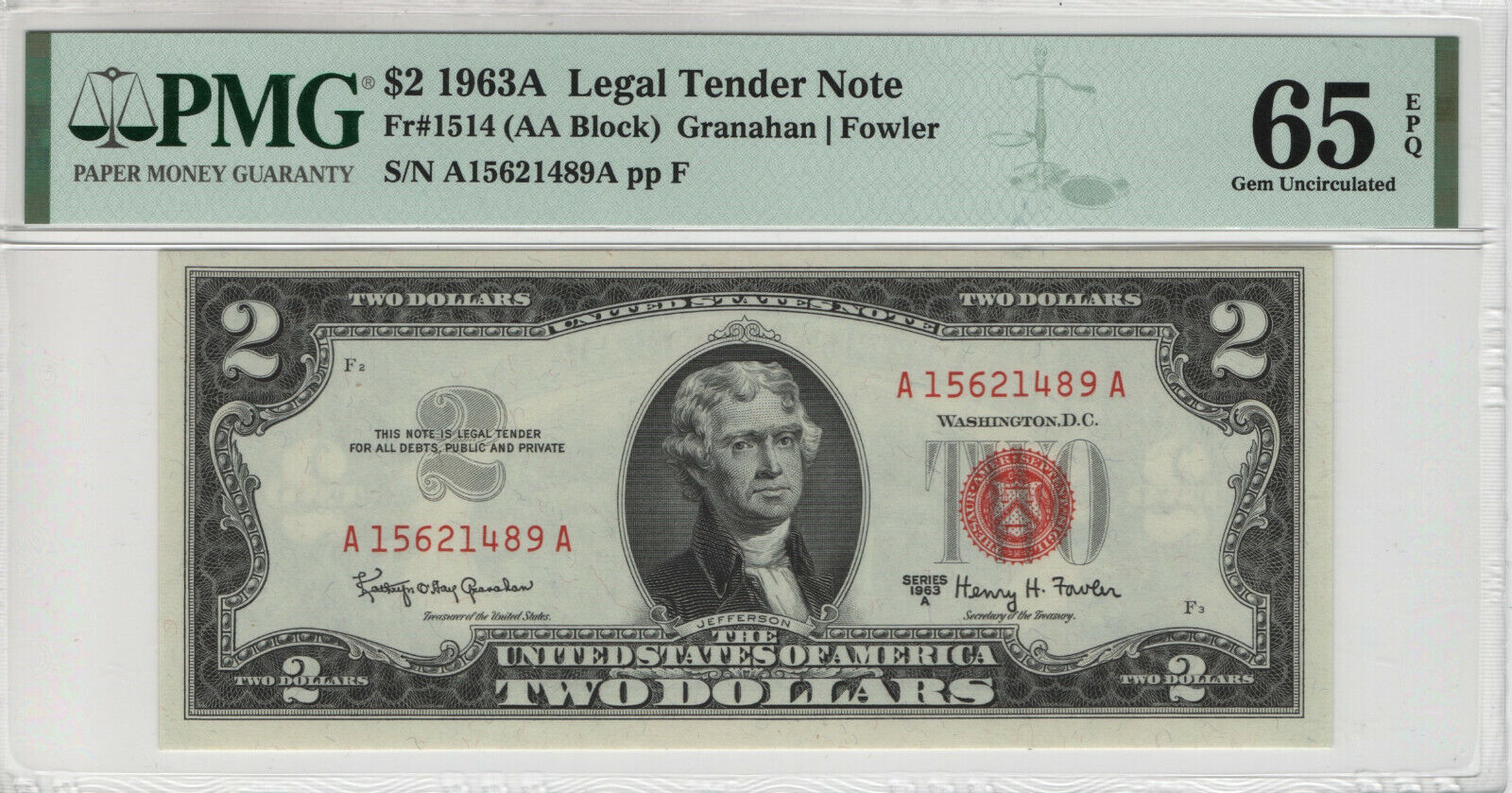 1963 A $2 LEGAL TENDER NOTE CURRENCY RED SEAL FR.1514 PMG GEM UNC 65 EPQ