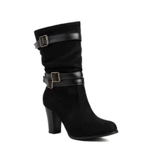 Knee High Boots Slouchy Chunky Heeled Buckle for Women Side Zipper Tall Boots