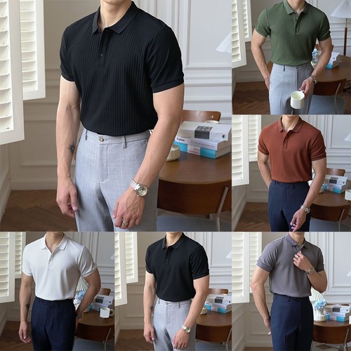 Men's Casual Stripe T Shirt with Turn Down Collar for Relaxed Summer Days
