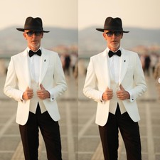 White Men's Suits Peak Lapel Formal Business Wedding Groom Tuxedo Prom 3pieces