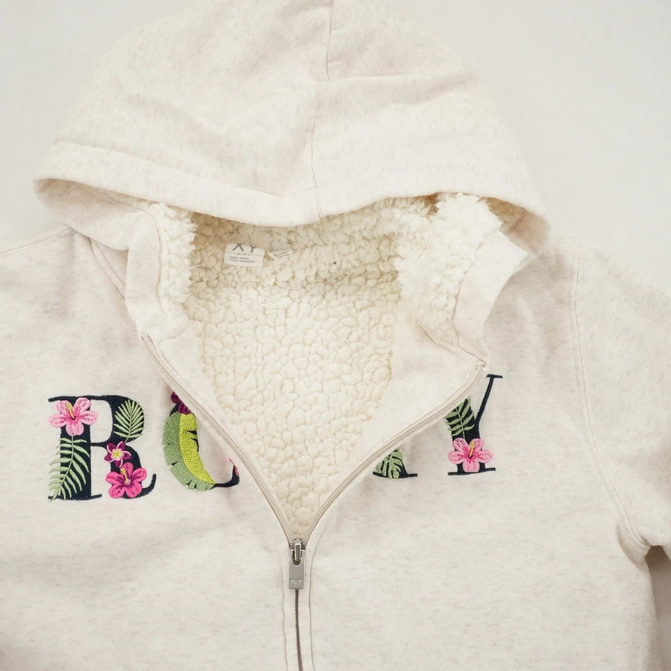 Moletom com capuz Roxy bordado logotipo frontal zíper completo forrado Sherpa meninas tamanho grande - Imagem 4 de 4