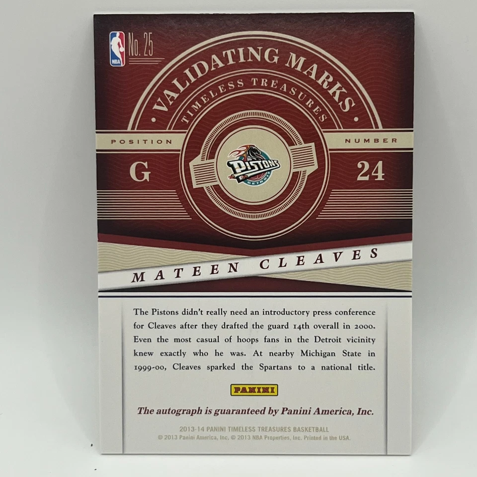 2013-14 Panini Timeless Treasures Validating Marks Mateen Cleaves #25 DET - Image 2 of 2