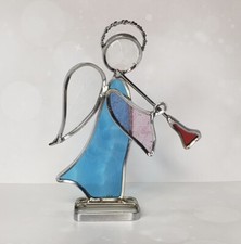 Blue  Pink Stained Glass Angel Playing Horn Standing Suncatcher 5.25