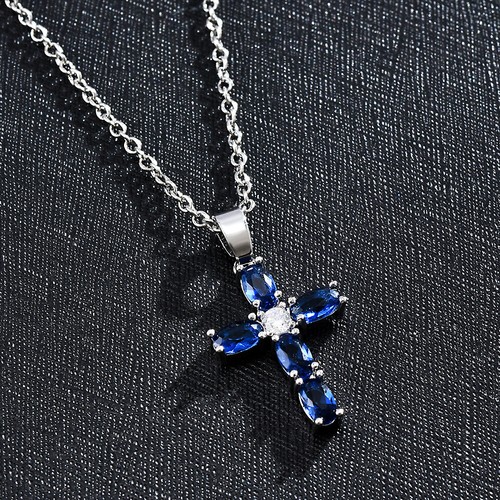 CADENA COLGANTE Y PRECIOSO CRUCIFIXO DE PIEDRA CIRCONIO AZUL Y METAL PLATEADO - Imagen 5 de 5