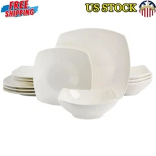 White Ceramic 12-Piece Dinnerware Set New Durable Elegant Square Plates Bowls