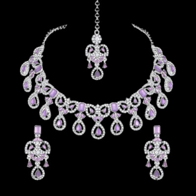 Crystal Diamond Necklace with Earrings and Maang Tikka for Women Light Purple