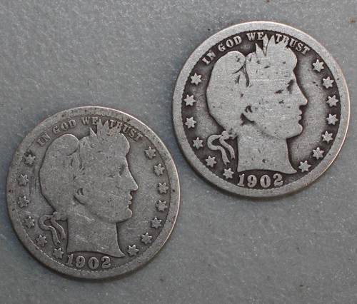1902 and 1902 O Silver Barber Quarters 25c US Type Coins Good Circulated