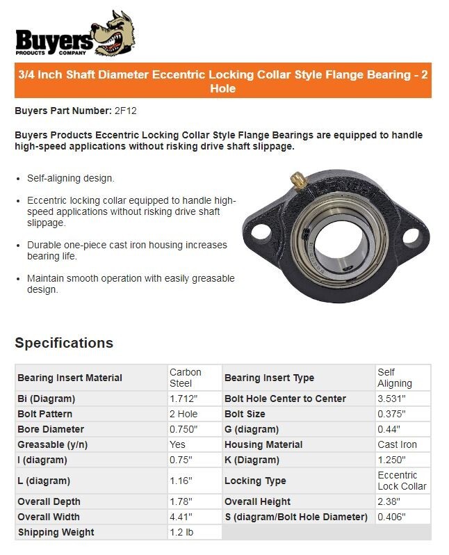 WESTERN SALT SPREADER TORNADO FLANGE BEARING 2 HOLE 3/4 BORE ECCENTRIC