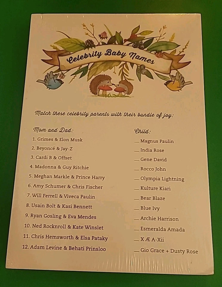 Tarjetas de juego de baby shower impresas (50) animales del bosque celebridad nombres de bebé-coincidencia  Foto 2 de 4