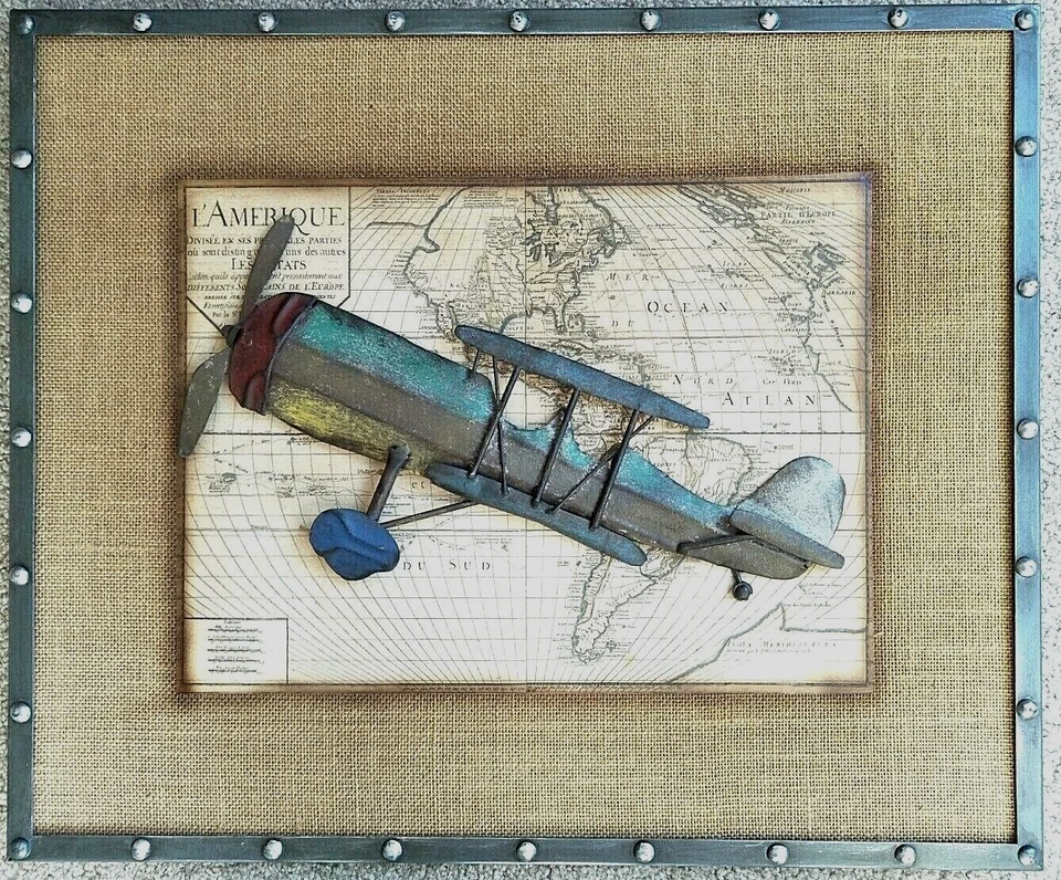 Aviones biplanos de aluminio en mapa del mundo tamaño más grande Art Deco arte 3D vuelo mundial Foto 4 de 4