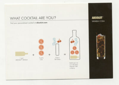 Absolut Vanilia Cola Unused Rack Card Free Card Advertising Postcard