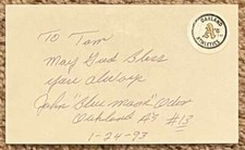 Johnny Blue Moon Odom personalized signed card - A's Indians