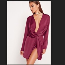 Missguided Peace + Love NWOT Satin Wrap Plunge Thigh Split Mini Dress in Berry
