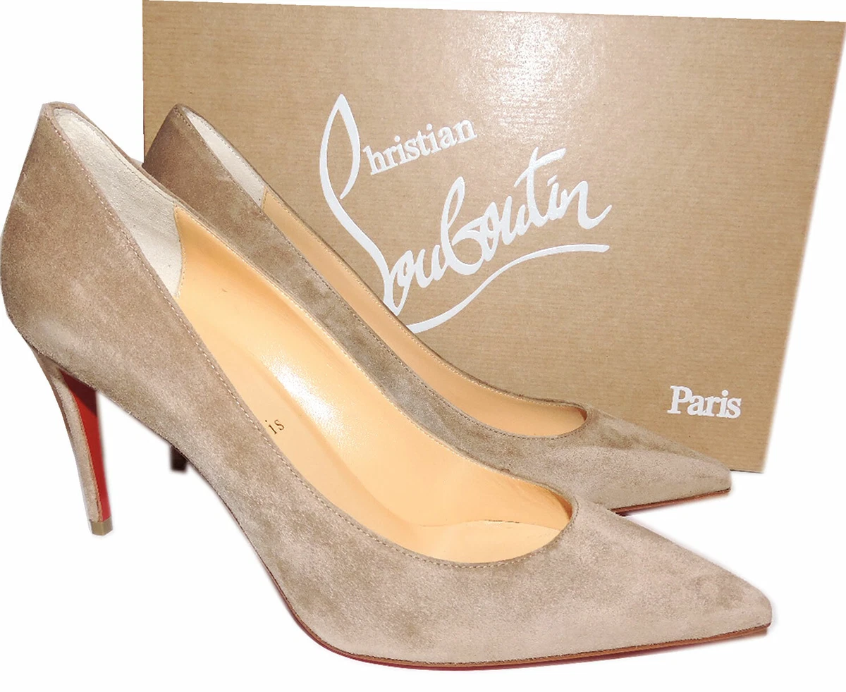 Sz 37.5 Christian Louboutin Pumps Kate Pointed Toe 85 mm Beige Suede Shoes Heels