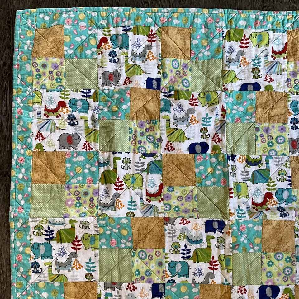 Fun Dinosaur Baby Patchwork Quilted Comforter Blanket Cotton Handmade 37 x 37 - Image 4 of 4