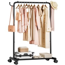 Rolling Clothes Rack with Hooks: Standing Garment Storage for Indoor - Hangin...