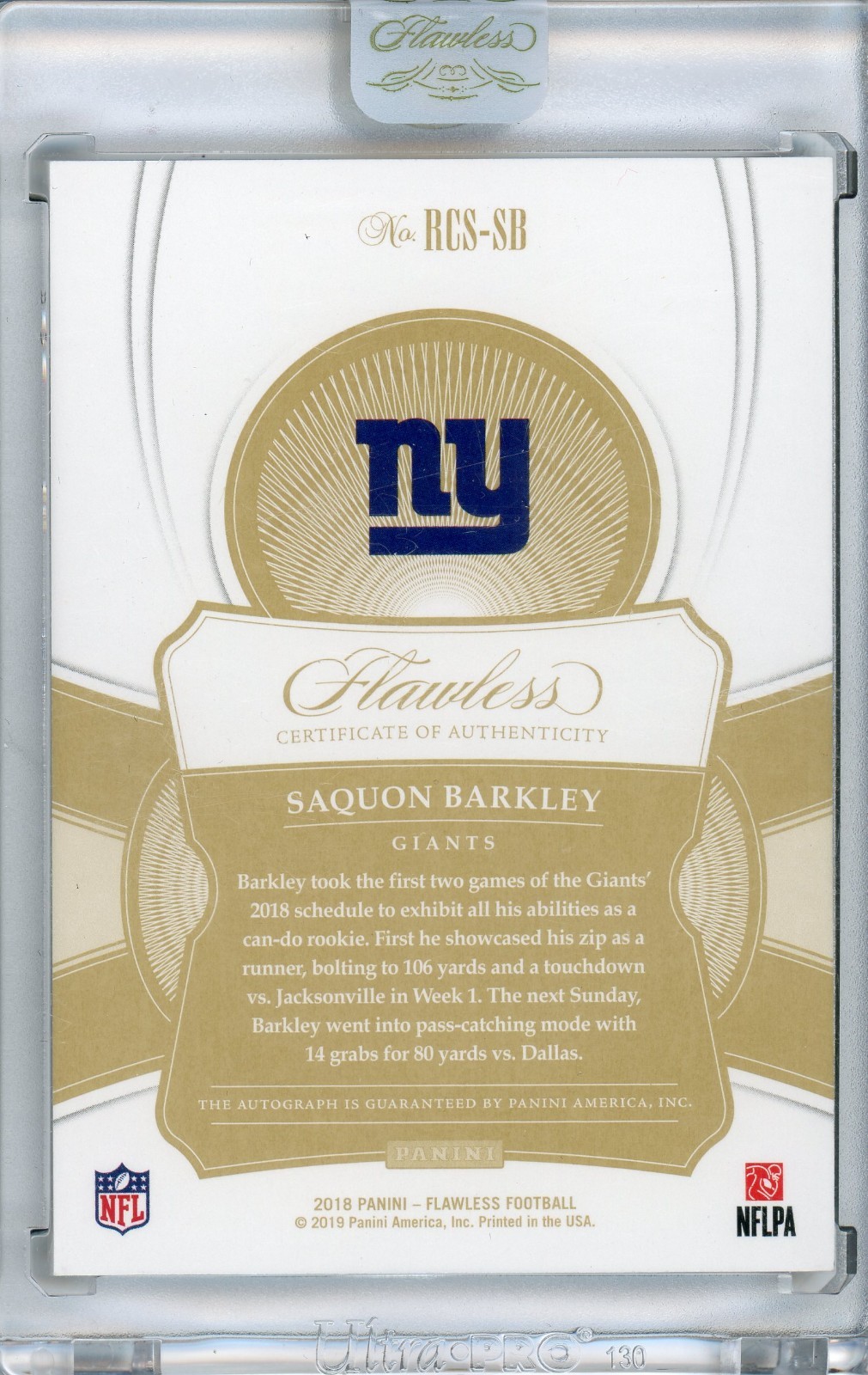 Saquon Barkley Auto 2018 Panini Flawless Sapphire RC /20 Giants #RCS-SB view 2