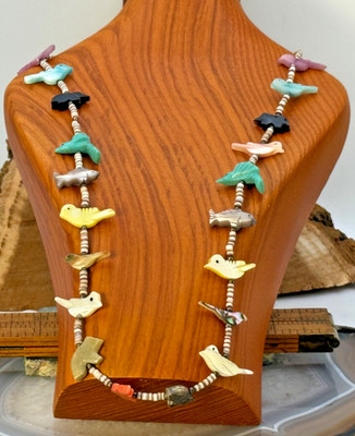 Vintage Native American Style Heshi Bead & Bird Carved Fetish Necklace--2188.25