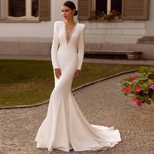 Satin Mermaid Wedding Dresses Deep V-Neck Floor Length Lace Elegant Bridal Gowns