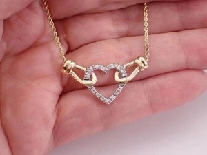 Authentic Round Cut Simulated Diamond Heart Shape Pendant Chain In 14k Yellow Gold Plated