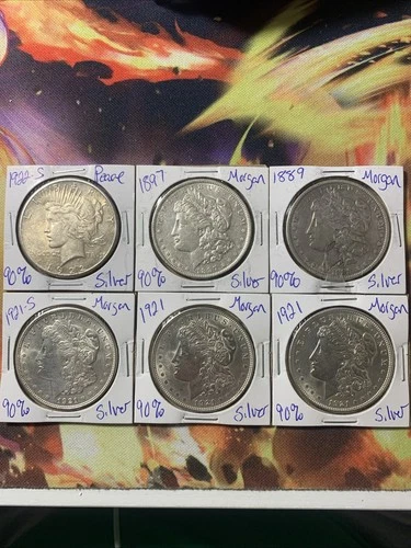 5 MORGAN 1 PEACE SILVER DOLLAR COIN LOT 90% SILVER
