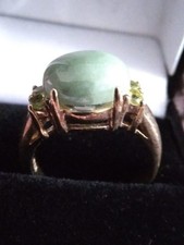Heavy Green Jade and Peridot silver ring plated in gold.