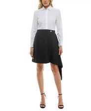 Taylor Mixed-Media Side-Draped Shirtdress Women's 8 Black/White Button Closure