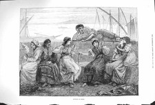 Vecchia stampa antica originale 1875 scena serale Genova signore filatura lana XIX