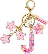 Resin Alphabet Initial Letter Keychain Tassel Flower Pendant Key Ring for Purse