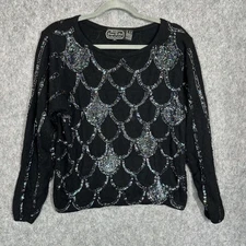 Vintage Sweater Womens Small Black Sequin Beaded Party Top Mermaid Scales Angora
