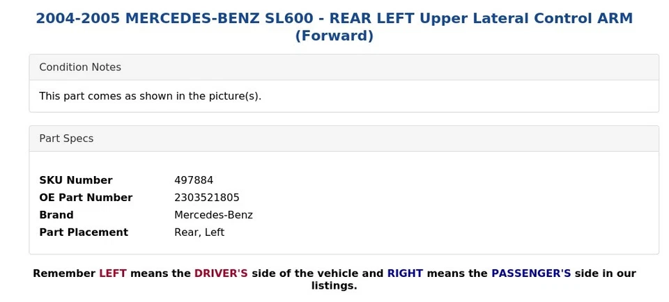 MERCEDES-BENZ SL600 2004-2005 - BRAZO DE CONTROL LATERAL SUPERIOR TRASERO IZQUIERDO (delantero) Foto 3 de 4