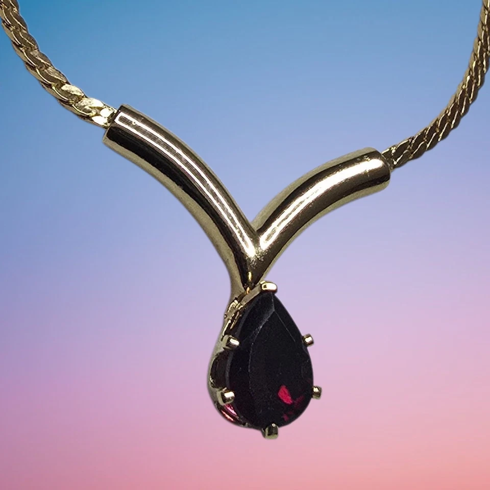 Vintage Gold Plated Garnet Teardrop Pendant Necklace In Box With COA - Image 2 of 4