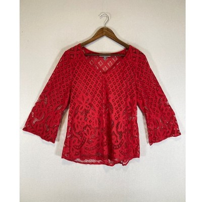 Boho Romantic Figueroa & Flower Women LG Red Lace V-Neck 3/4 Bell Sleeve Blouse