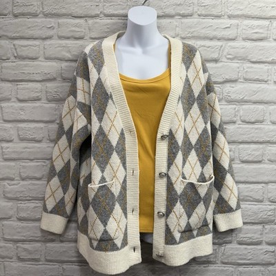 Zara Argyle Bohemian Knit Cardigan Sweater Oversized Pear Button Up Woman s Sz M