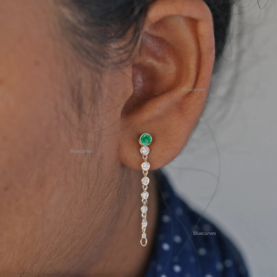 Big to Small Natural Bezel Set Diamond Single Ear Jacket Chain Earring 14k Gold - Image 2 of 4