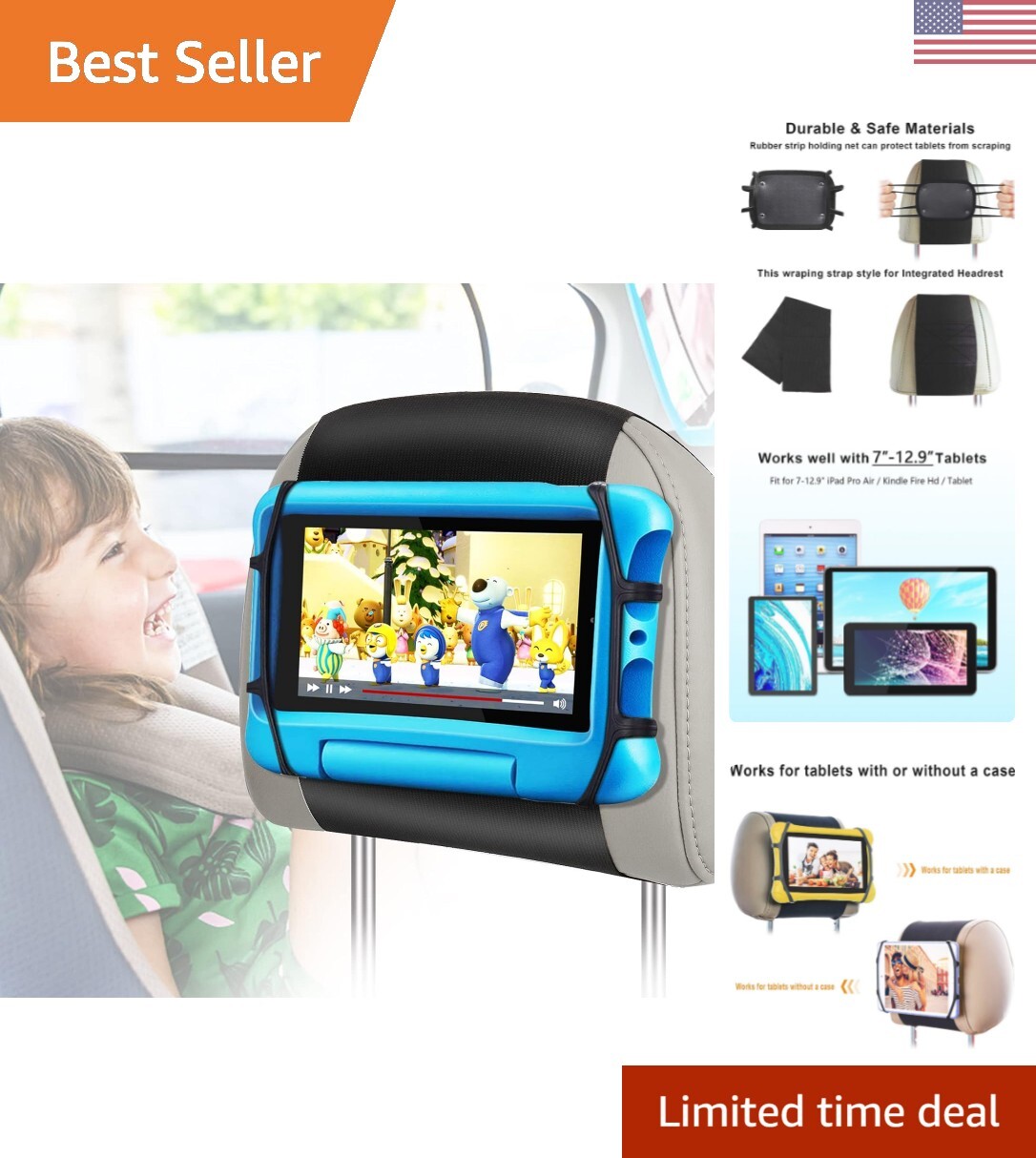 Tablet Holder for Kids in Back Seats - Anti-Slip Strap & Holding Net - Angle-...-image