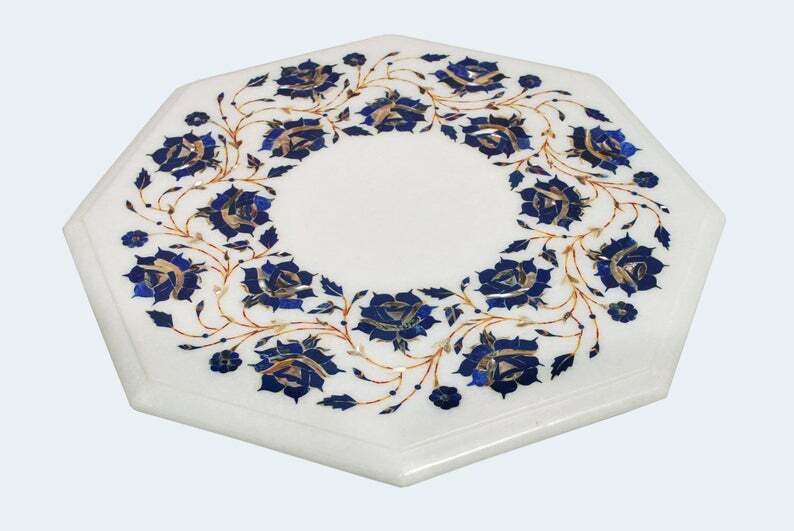 15-inch marble corner table with Pietra dura inlay and semi-precious stones