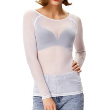 Women Sheer Mesh Top Long Sleeve Sexy See through Solid Pullover T Shirt Tops